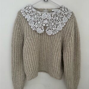 Topshop Beige Knit Sweater with Lace Collar